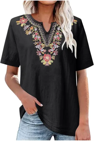 maisdgop Embroidered Tops for Women Casual V-Neck Cotton Linen Shirt Trendy Summer Short Sleeve T-Shirt Pretty Solid Blouse