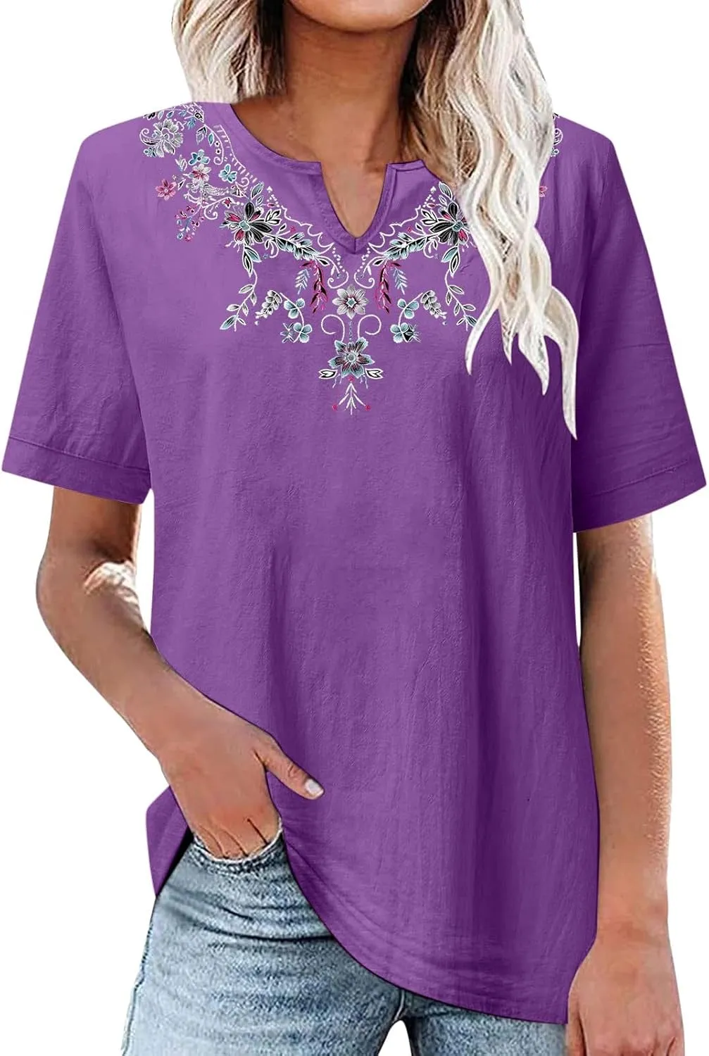 maisdgop Embroidered Tops for Women Casual V-Neck Cotton Linen Shirt Trendy Summer Short Sleeve T-Shirt Pretty Solid Blouse
