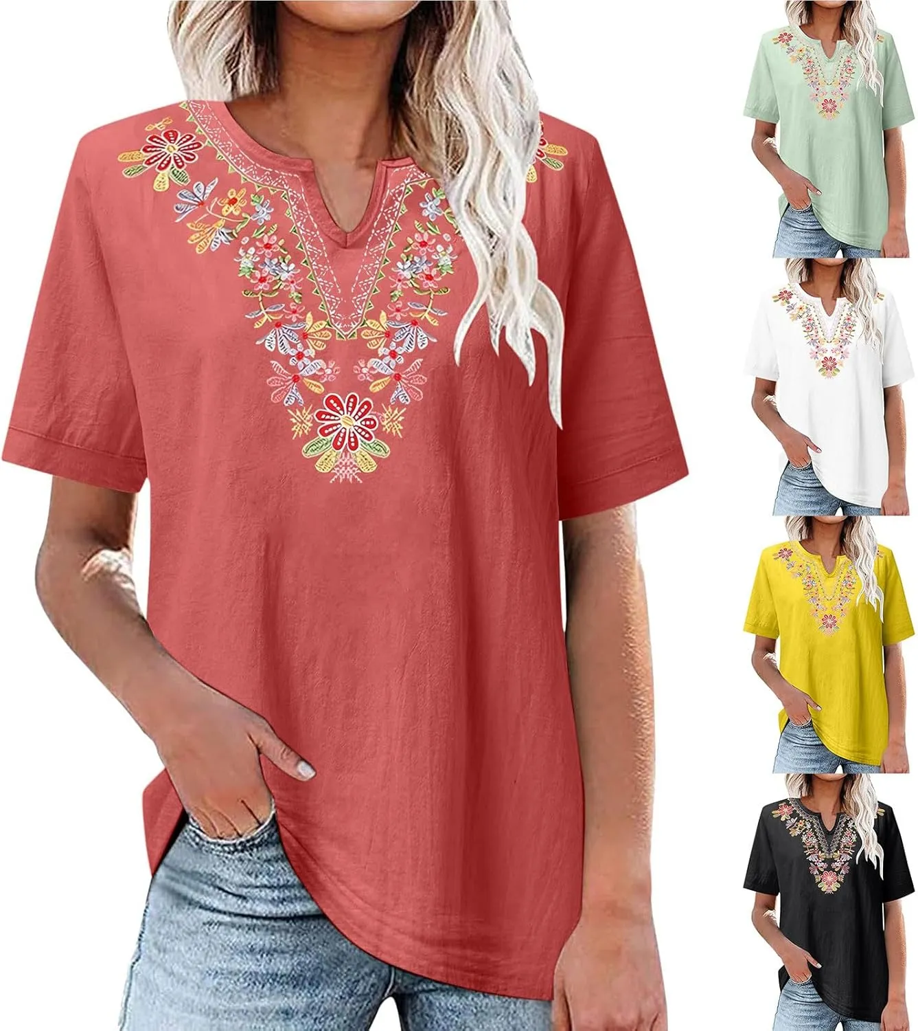 maisdgop Embroidered Tops for Women Casual V-Neck Cotton Linen Shirt Trendy Summer Short Sleeve T-Shirt Pretty Solid Blouse