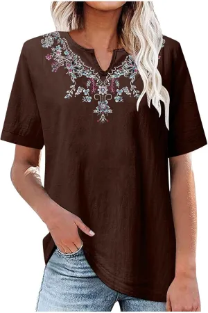 maisdgop Embroidered Tops for Women Casual V-Neck Cotton Linen Shirt Trendy Summer Short Sleeve T-Shirt Pretty Solid Blouse