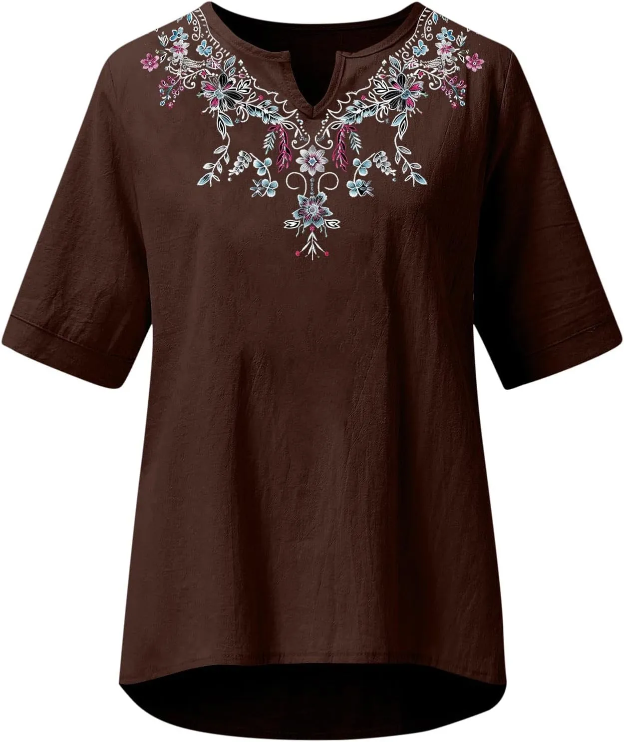 maisdgop Embroidered Tops for Women Casual V-Neck Cotton Linen Shirt Trendy Summer Short Sleeve T-Shirt Pretty Solid Blouse