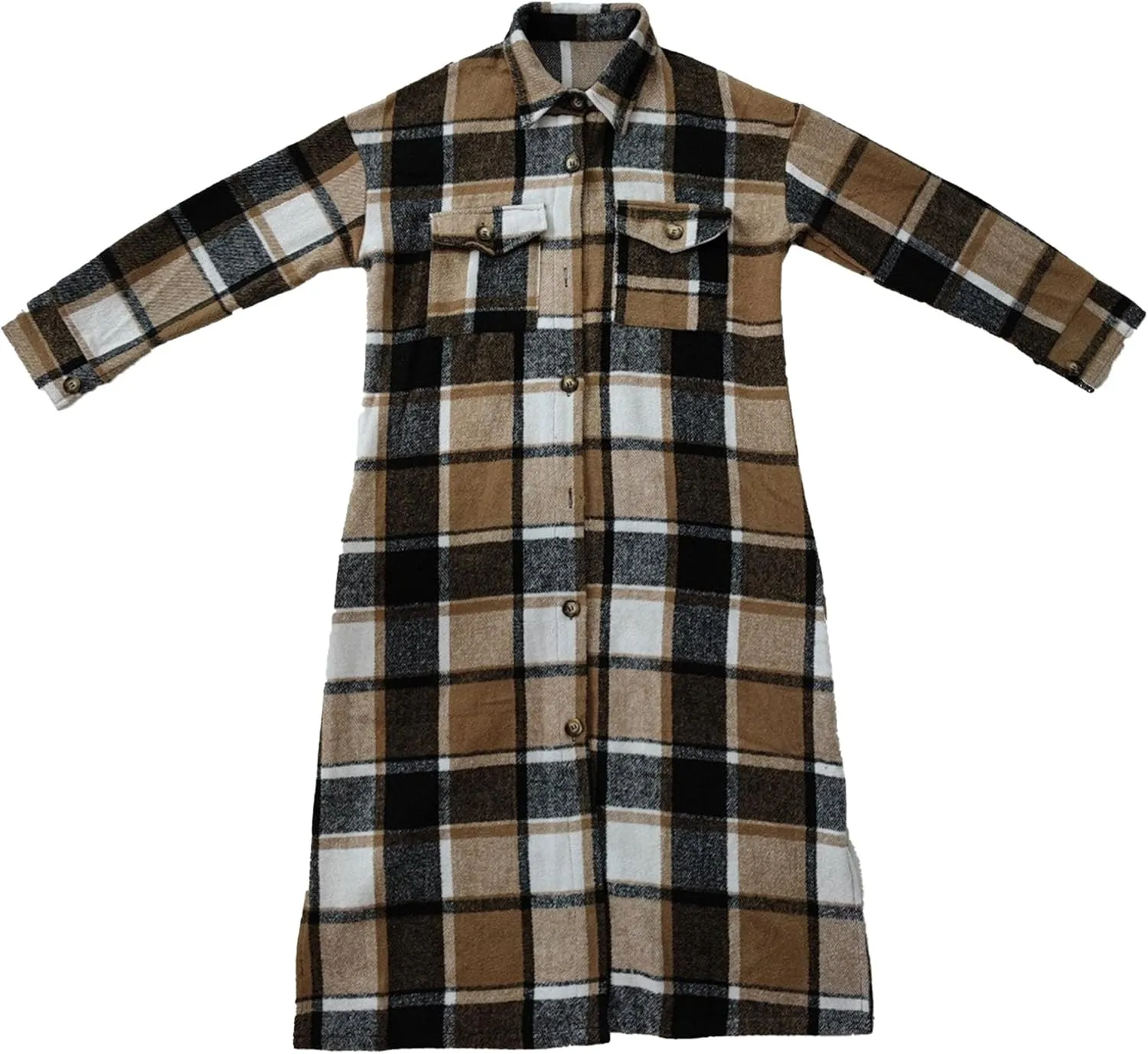 Maiyifu-GJ Women's Casual Plaid Button Up Long Shirts Jacket Loose Lapel Wool Blend Trench Coat Fall Overcoat with Pockets