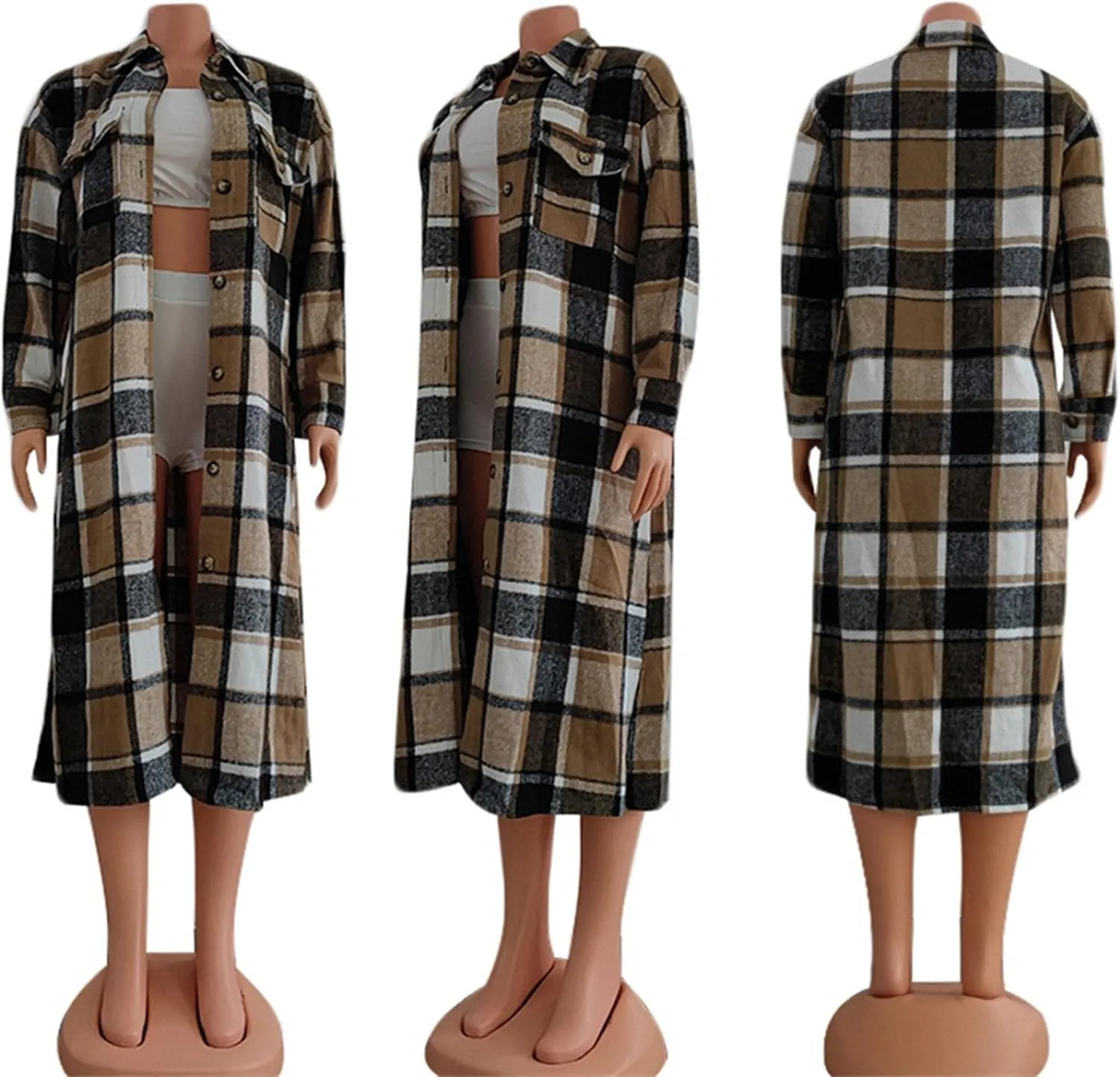 Maiyifu-GJ Women's Casual Plaid Button Up Long Shirts Jacket Loose Lapel Wool Blend Trench Coat Fall Overcoat with Pockets