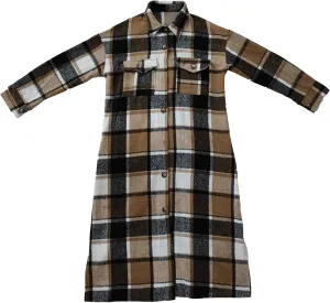 Maiyifu-GJ Women's Casual Plaid Button Up Long Shirts Jacket Loose Lapel Wool Blend Trench Coat Fall Overcoat with Pockets