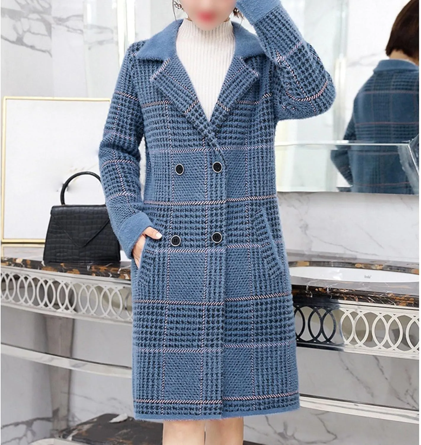 Maiyifu-GJ Women's Double Breasted Wool Blend Coats Jackets Notched Lapel Overcoats Sweater Mid Length Casual Outerwear