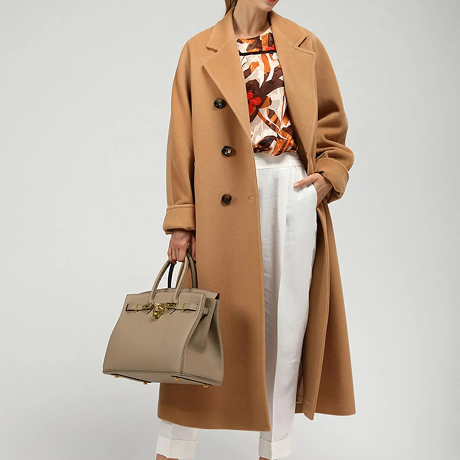 Maiyifu-GJ Women's Double Breasted Wool Blend Trench Coats Winter Elegant Notched Lapel Coat Mid Long Jacket Overcoat