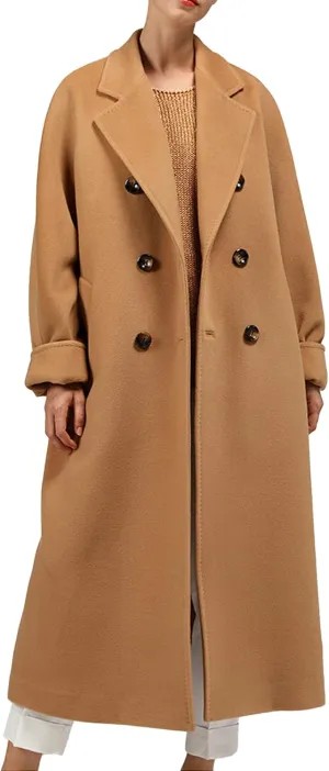 Maiyifu-GJ Women's Double Breasted Wool Blend Trench Coats Winter Elegant Notched Lapel Coat Mid Long Jacket Overcoat