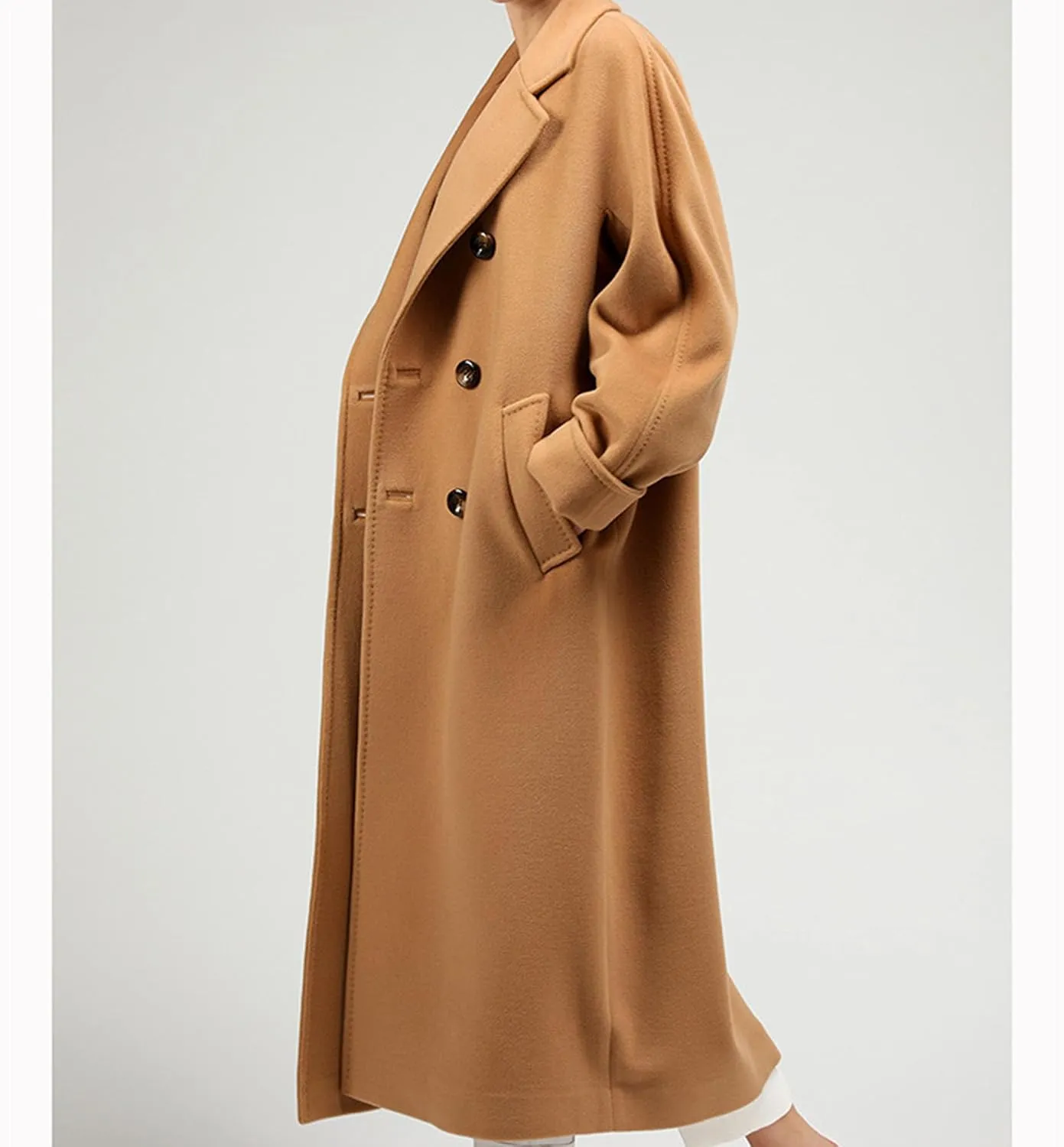 Maiyifu-GJ Women's Double Breasted Wool Blend Trench Coats Winter Elegant Notched Lapel Coat Mid Long Jacket Overcoat