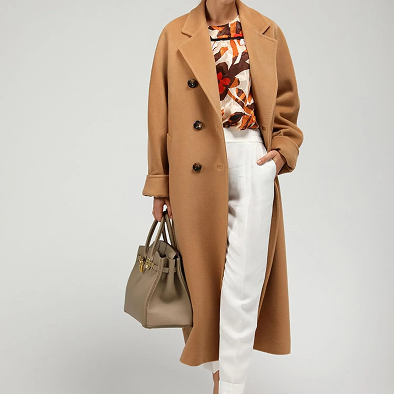 Maiyifu-GJ Women's Double Breasted Wool Blend Trench Coats Winter Elegant Notched Lapel Coat Mid Long Jacket Overcoat