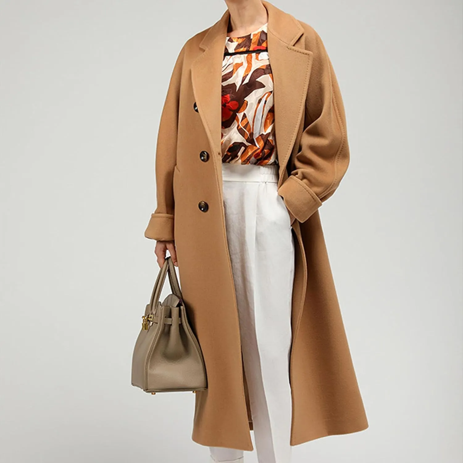 Maiyifu-GJ Women's Double Breasted Wool Blend Trench Coats Winter Elegant Notched Lapel Coat Mid Long Jacket Overcoat
