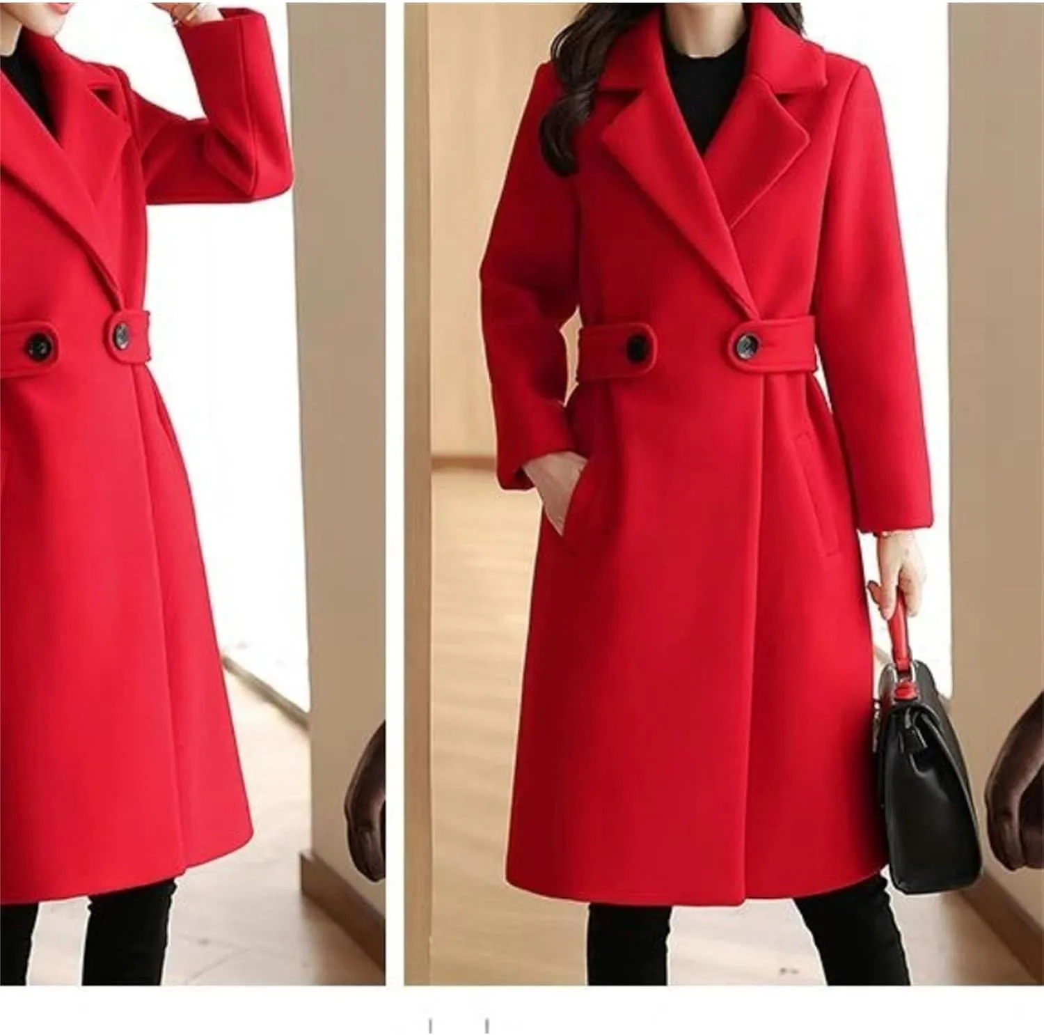Maiyifu-GJ Women's Elegant Notched Lapel Coat Mid-Length Thicken Warm Wool Blend Coats Casual Fall Winter Long Overcoat