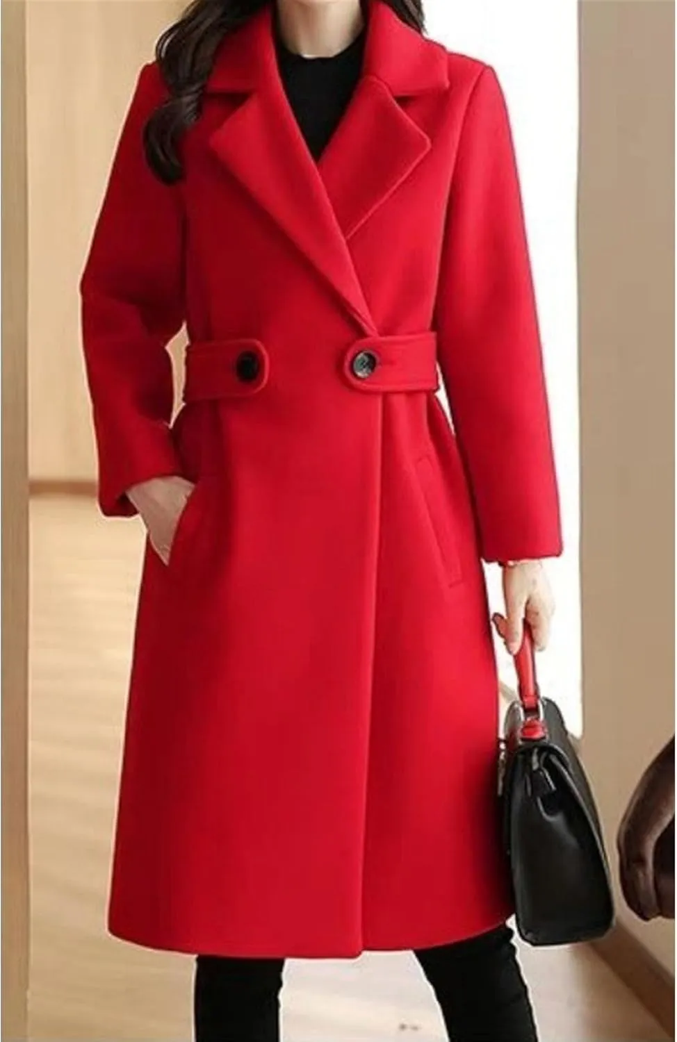 Maiyifu-GJ Women's Elegant Notched Lapel Coat Mid-Length Thicken Warm Wool Blend Coats Casual Fall Winter Long Overcoat