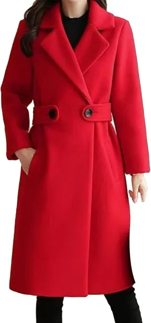 Maiyifu-GJ Women's Elegant Notched Lapel Coat Mid-Length Thicken Warm Wool Blend Coats Casual Fall Winter Long Overcoat