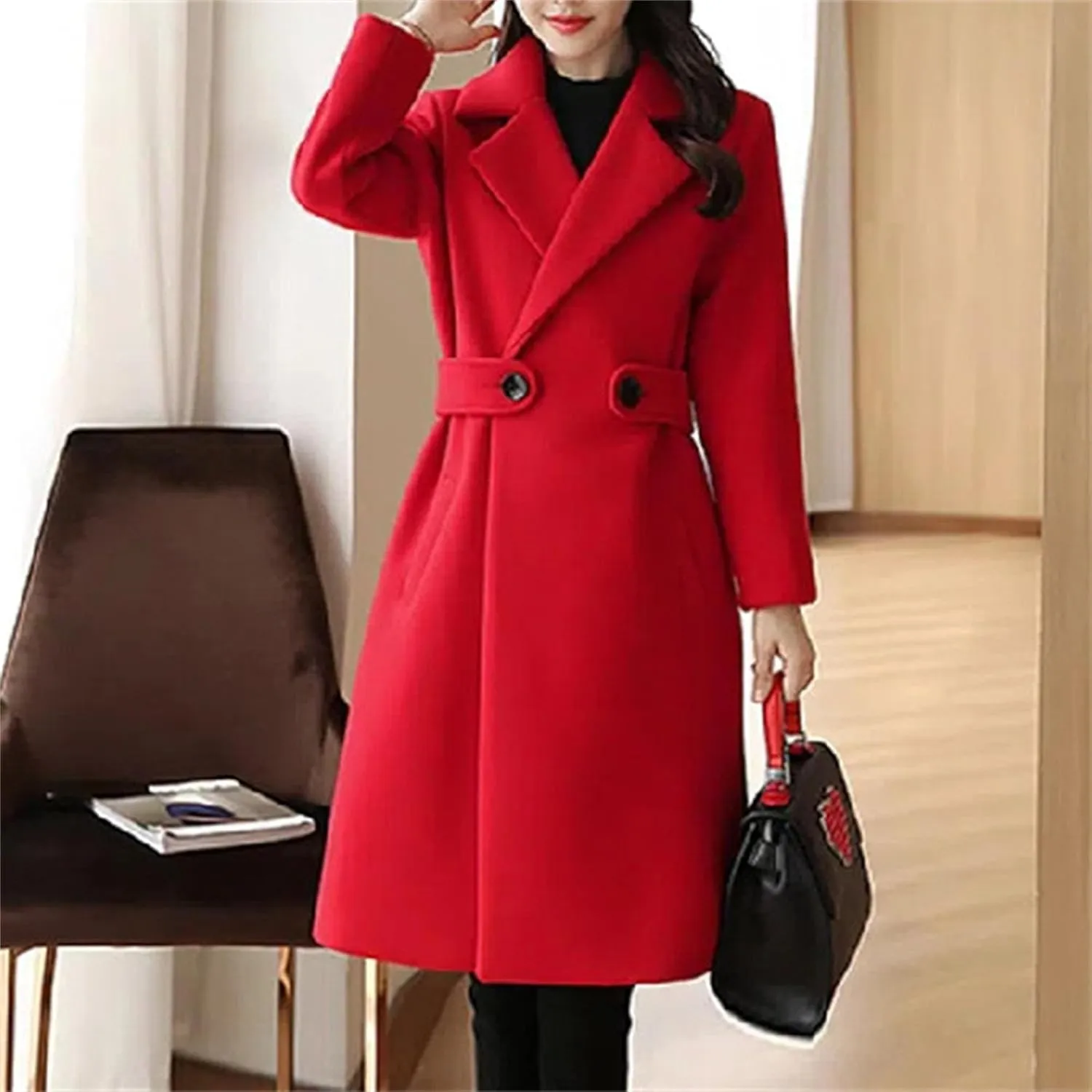 Maiyifu-GJ Women's Elegant Notched Lapel Coat Mid-Length Thicken Warm Wool Blend Coats Casual Fall Winter Long Overcoat