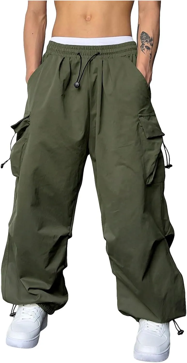 Men's Cargo Pants Casual Parachute Pants Drawstring Elastic Waist Wide Leg Y2K Hip Hop Baggy Joggers Streetwear