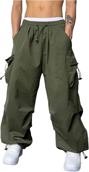 Men's Cargo Pants Casual Parachute Pants Drawstring Elastic Waist Wide Leg Y2K Hip Hop Baggy Joggers Streetwear