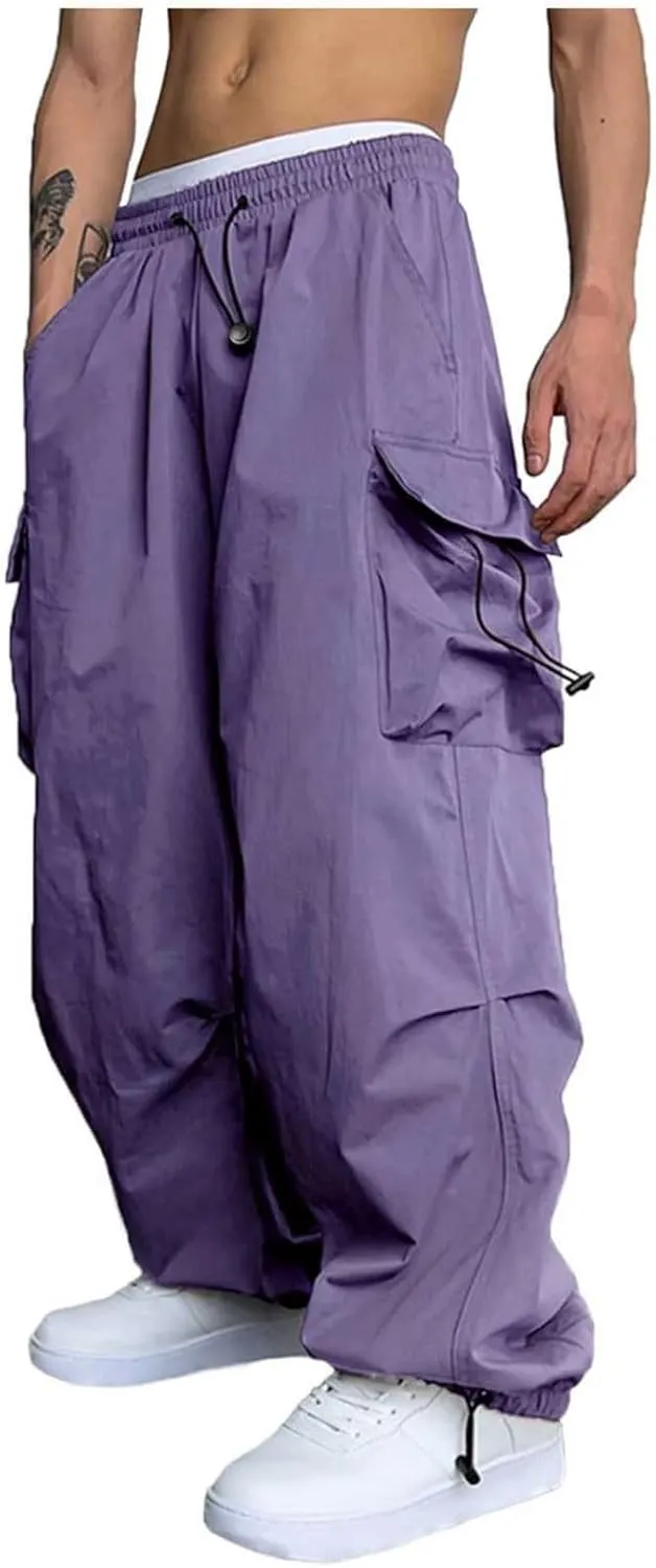 Men's Cargo Pants Casual Parachute Pants Drawstring Elastic Waist Wide Leg Y2K Hip Hop Baggy Joggers Streetwear