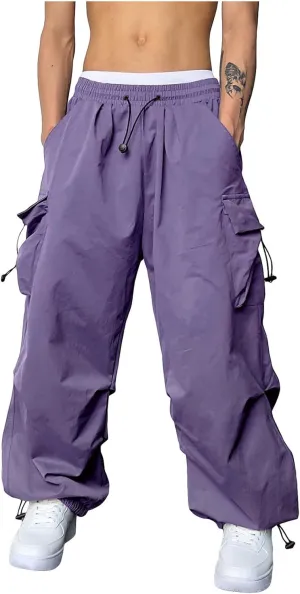 Men's Cargo Pants Casual Parachute Pants Drawstring Elastic Waist Wide Leg Y2K Hip Hop Baggy Joggers Streetwear