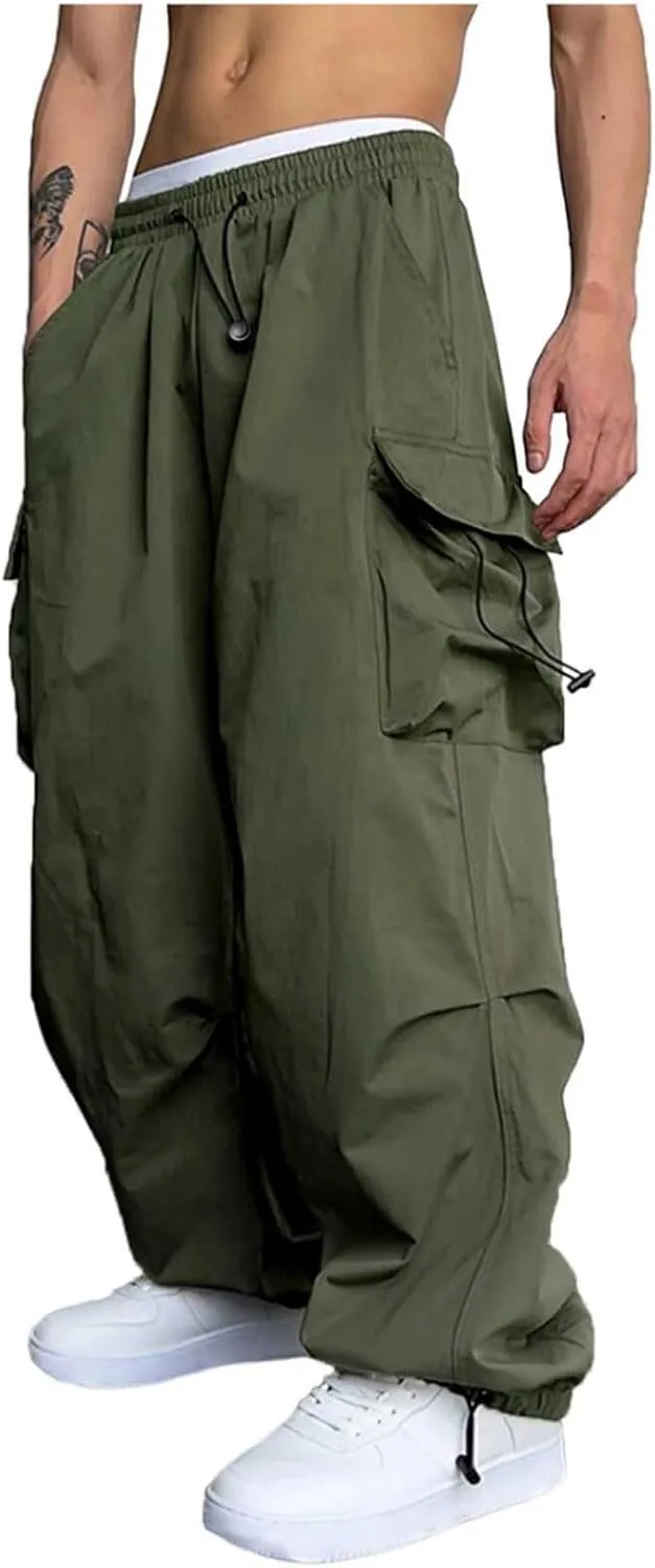 Men's Cargo Pants Casual Parachute Pants Drawstring Elastic Waist Wide Leg Y2K Hip Hop Baggy Joggers Streetwear