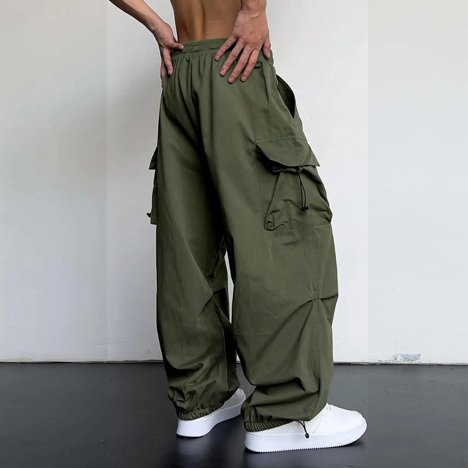 Men's Cargo Pants Casual Parachute Pants Drawstring Elastic Waist Wide Leg Y2K Hip Hop Baggy Joggers Streetwear