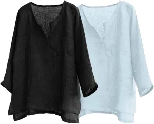 Men's Casual Linen Cotton Tops Baggy Solid Color Long Sleeve Tee Summer Loose V-Neck Shirt