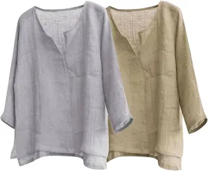 Men's Casual Linen Cotton Tops Baggy Solid Color Long Sleeve Tee Summer Loose V-Neck Shirt