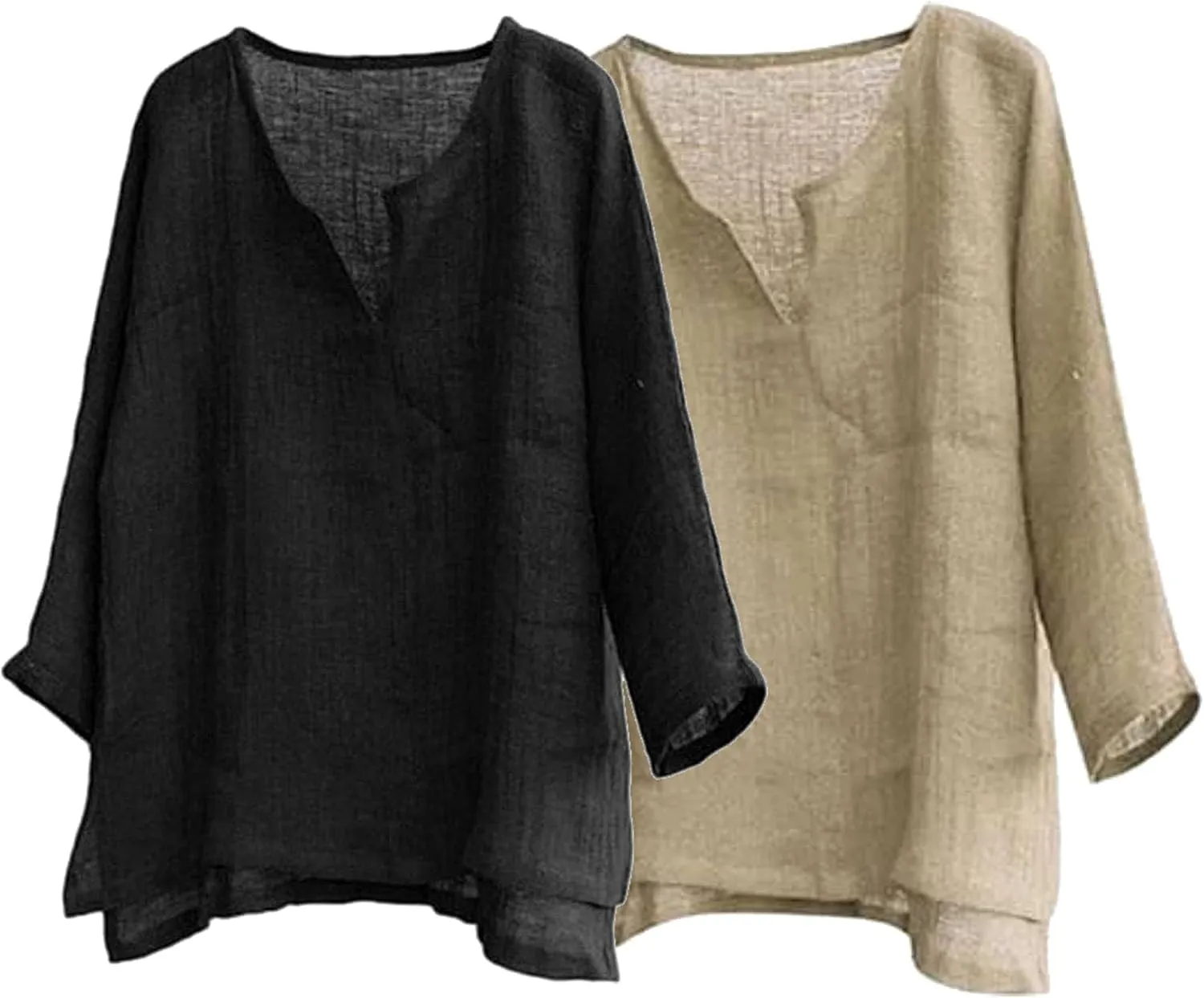 Men's Casual Linen Cotton Tops Baggy Solid Color Long Sleeve Tee Summer Loose V-Neck Shirt