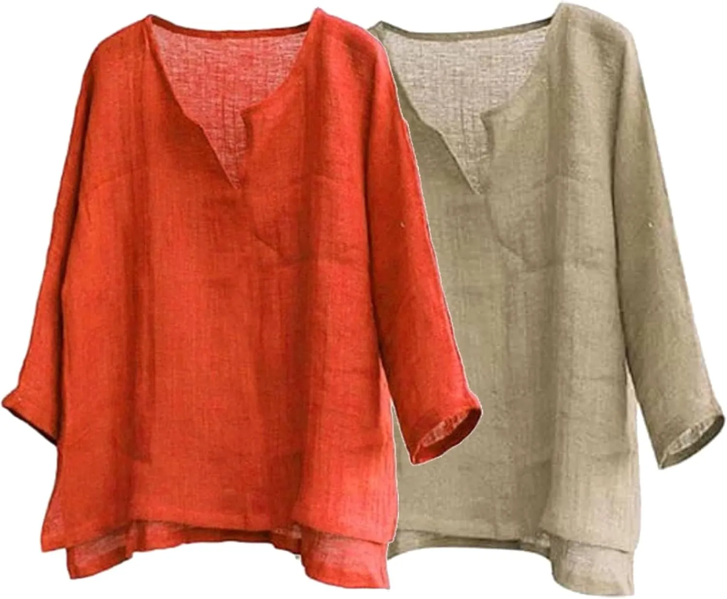 Men's Casual Linen Cotton Tops Baggy Solid Color Long Sleeve Tee Summer Loose V-Neck Shirt