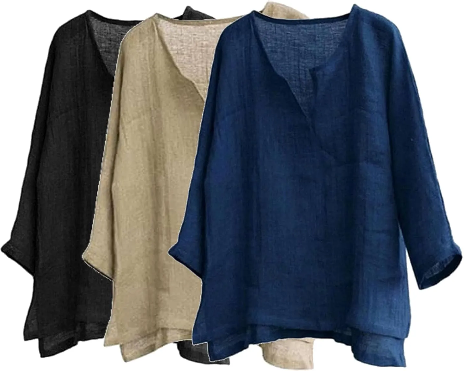 Men's Casual Linen Cotton Tops Baggy Solid Color Long Sleeve Tee Summer Loose V-Neck Shirt