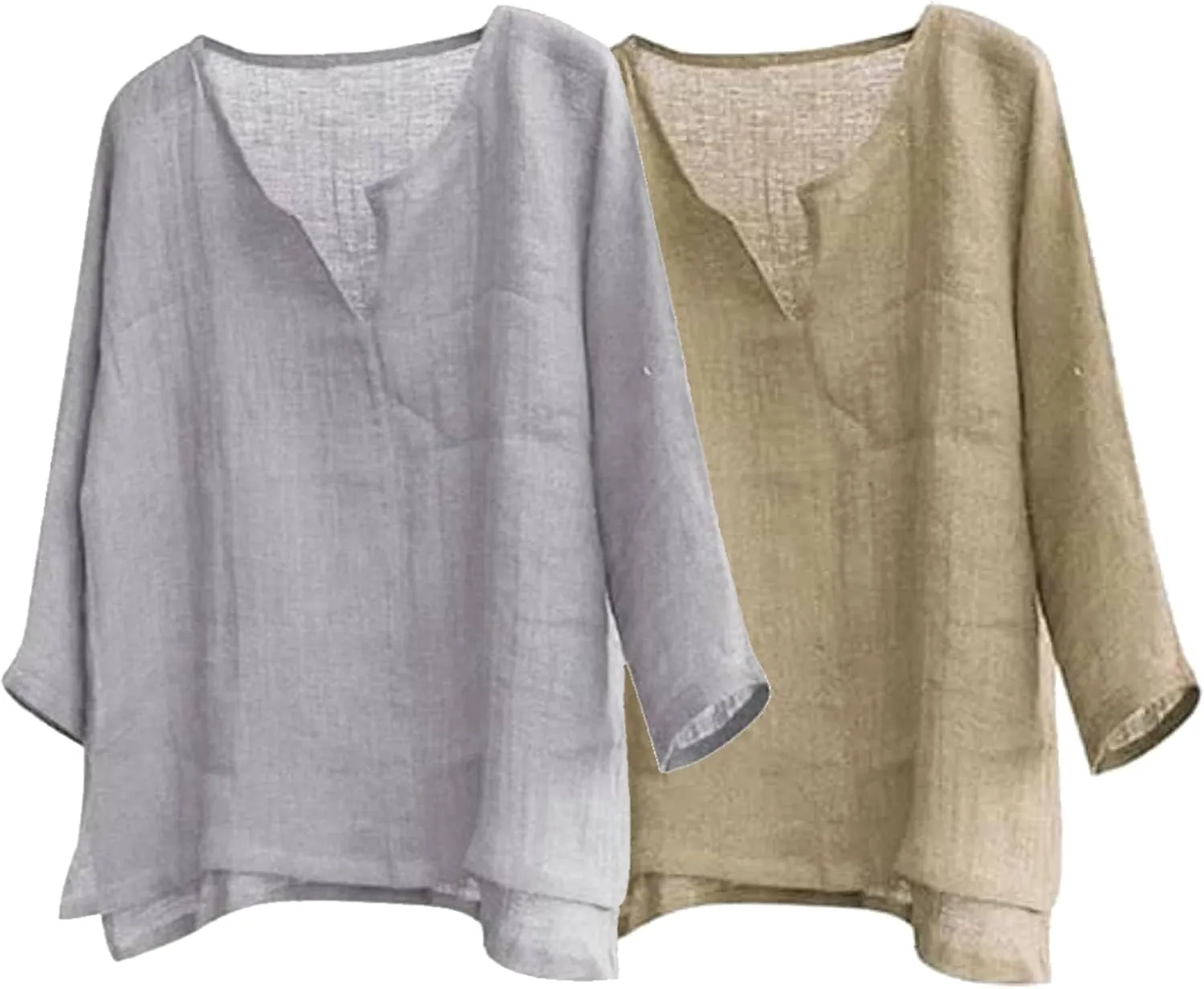 Men's Casual Linen Cotton Tops Baggy Solid Color Long Sleeve Tee Summer Loose V-Neck Shirt