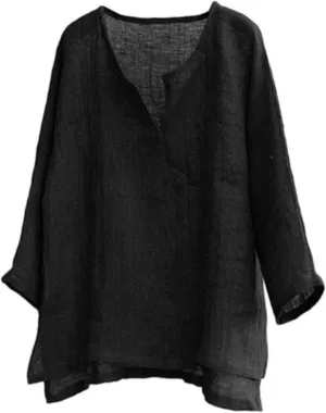 Men's Casual Linen Cotton Tops Baggy Solid Color Long Sleeve Tee Summer Loose V-Neck Shirt
