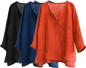 Men's Casual Linen Cotton Tops Baggy Solid Color Long Sleeve Tee Summer Loose V-Neck Shirt