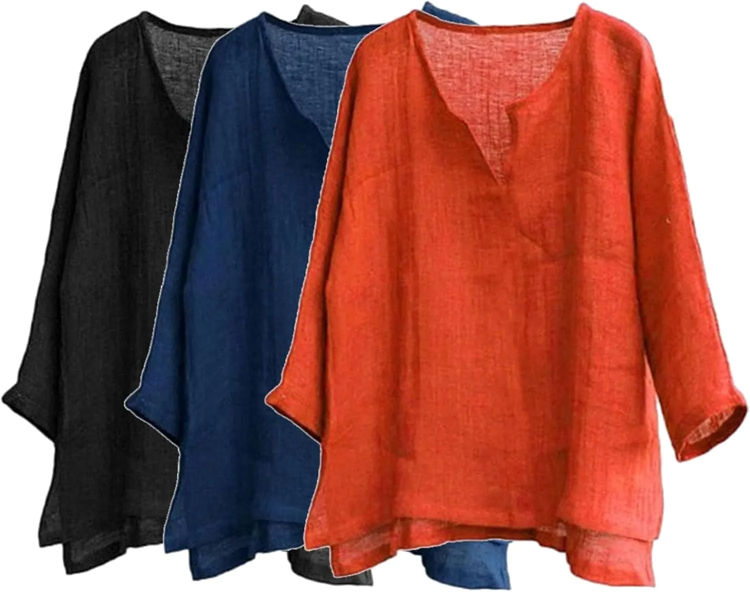 Men's Casual Linen Cotton Tops Baggy Solid Color Long Sleeve Tee Summer Loose V-Neck Shirt