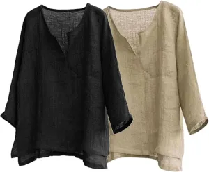 Men's Casual Linen Cotton Tops Baggy Solid Color Long Sleeve Tee Summer Loose V-Neck Shirt