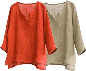 Men's Casual Linen Cotton Tops Baggy Solid Color Long Sleeve Tee Summer Loose V-Neck Shirt