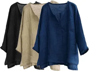 Men's Casual Linen Cotton Tops Baggy Solid Color Long Sleeve Tee Summer Loose V-Neck Shirt
