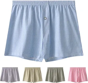 Men's Cotton Striped Underwear Shorts Breathable Sports Boxer Briefs Button Plaid Pajamas Lounge Loose Bottoms Pjs