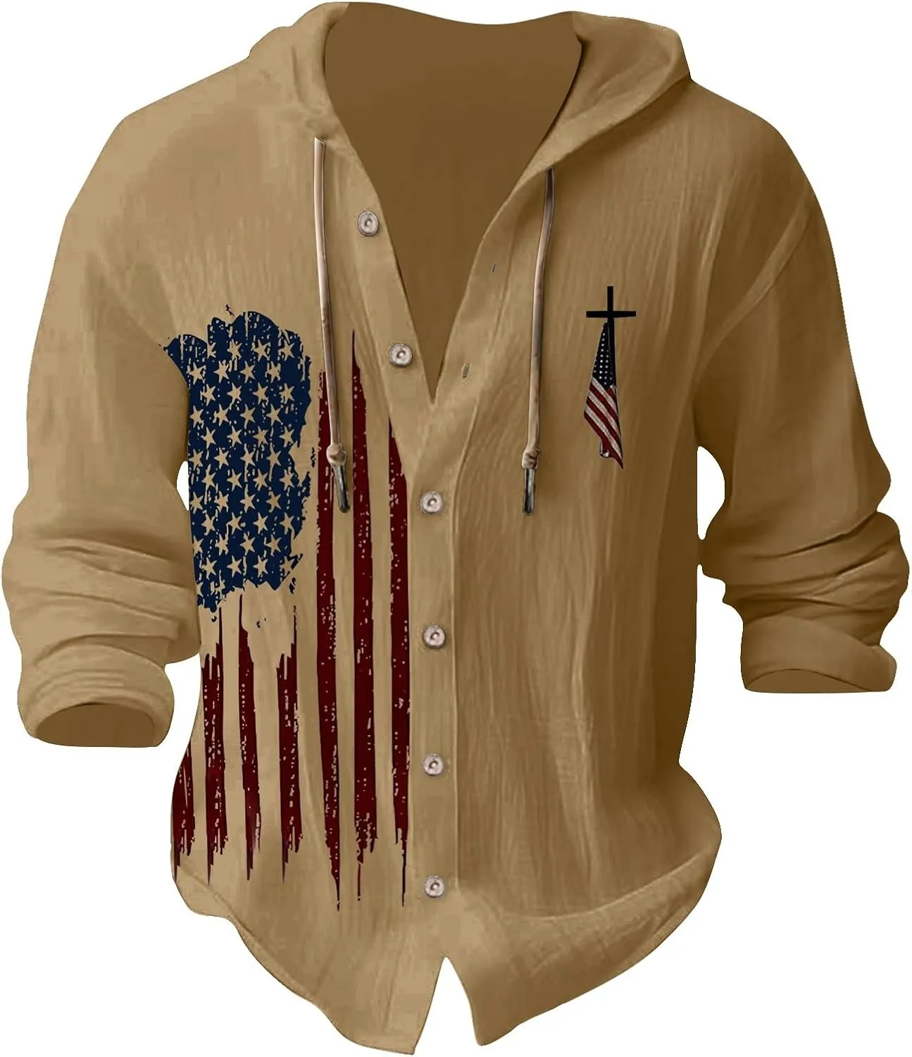 Mens Long Sleeve Shirts Independence Day Drawstring Linen Hooded Sweatshirt Casual Button Down Cotton Tops with Hood