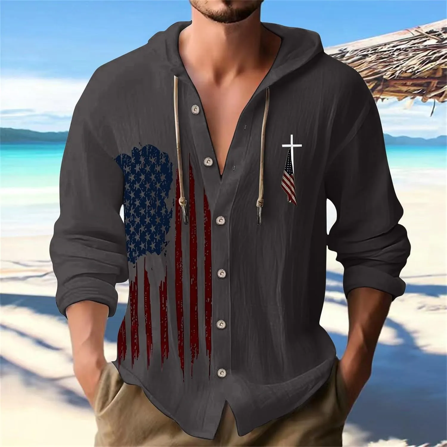 Mens Long Sleeve Shirts Independence Day Drawstring Linen Hooded Sweatshirt Casual Button Down Cotton Tops with Hood