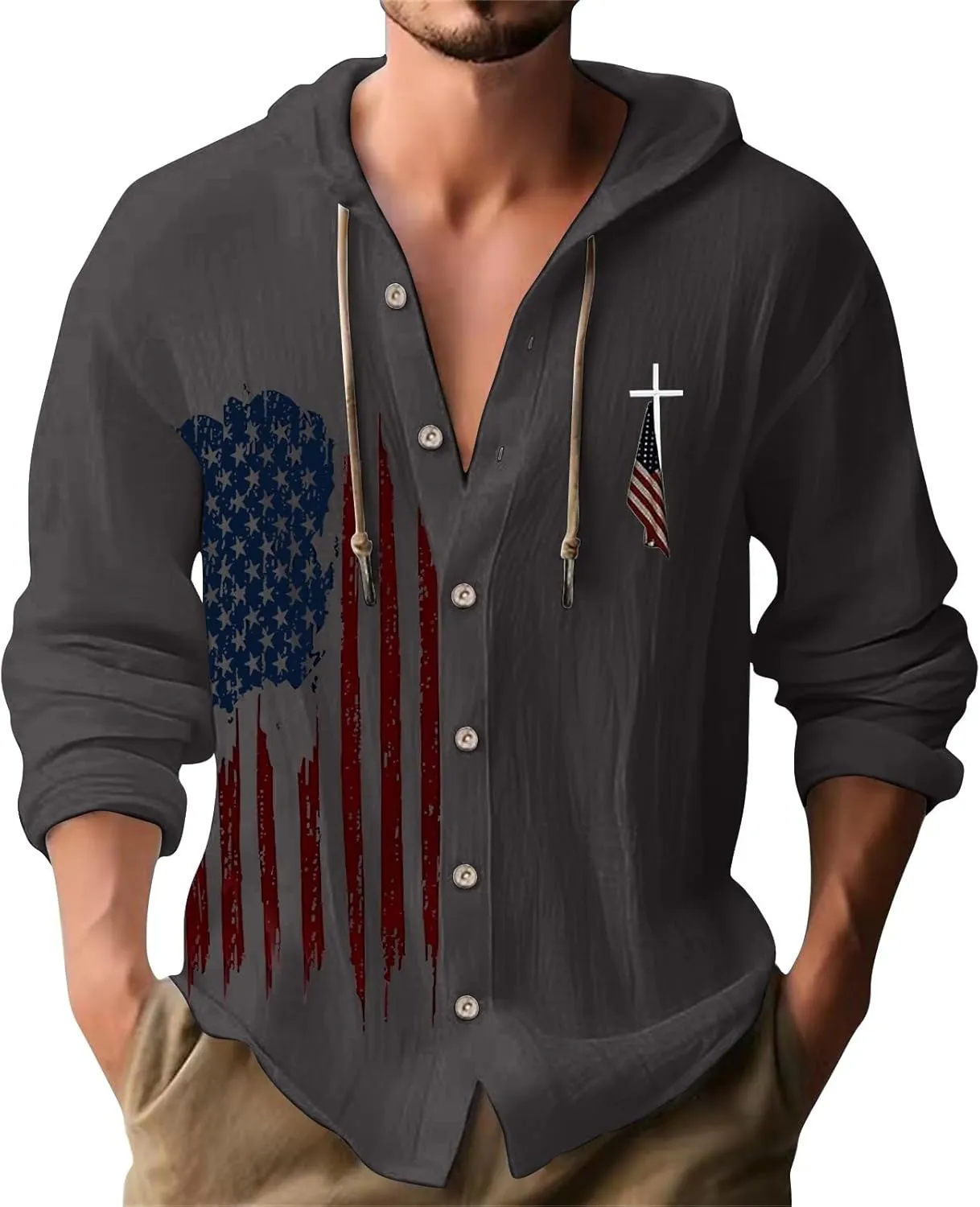 Mens Long Sleeve Shirts Independence Day Drawstring Linen Hooded Sweatshirt Casual Button Down Cotton Tops with Hood
