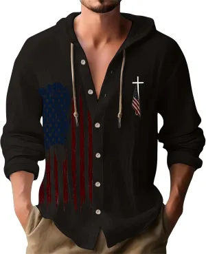 Mens Long Sleeve Shirts Independence Day Drawstring Linen Hooded Sweatshirt Casual Button Down Cotton Tops with Hood