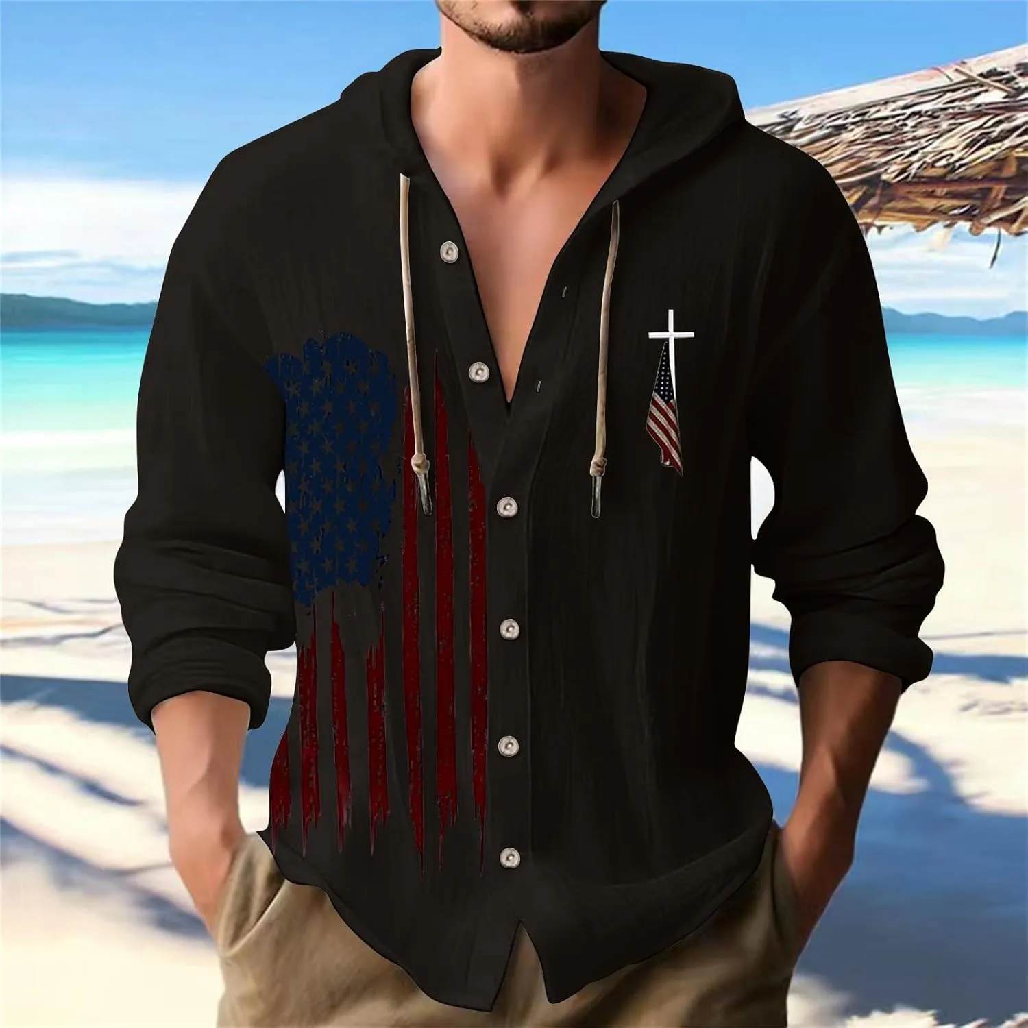 Mens Long Sleeve Shirts Independence Day Drawstring Linen Hooded Sweatshirt Casual Button Down Cotton Tops with Hood