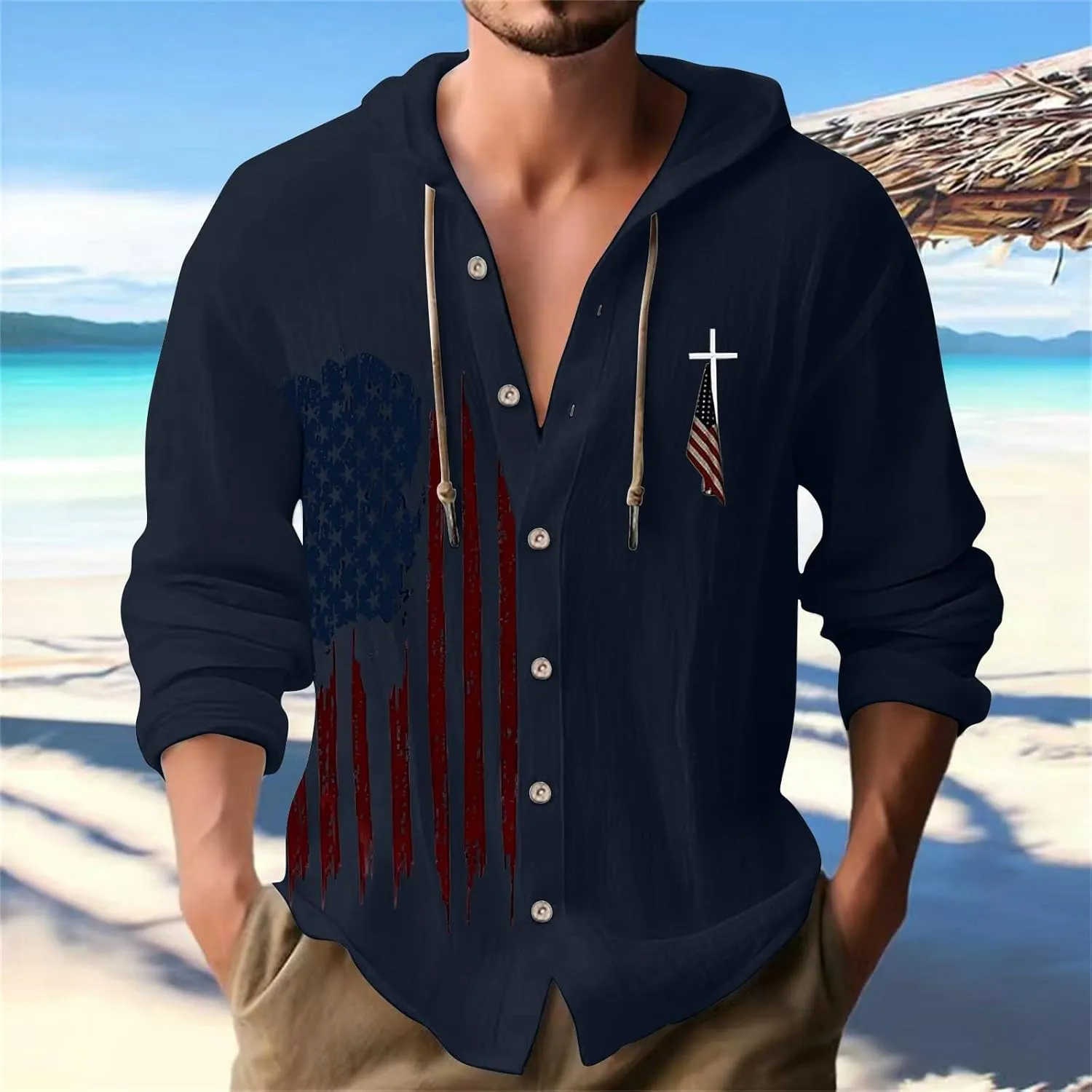 Mens Long Sleeve Shirts Independence Day Drawstring Linen Hooded Sweatshirt Casual Button Down Cotton Tops with Hood