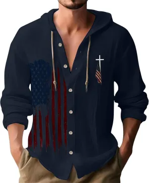 Mens Long Sleeve Shirts Independence Day Drawstring Linen Hooded Sweatshirt Casual Button Down Cotton Tops with Hood
