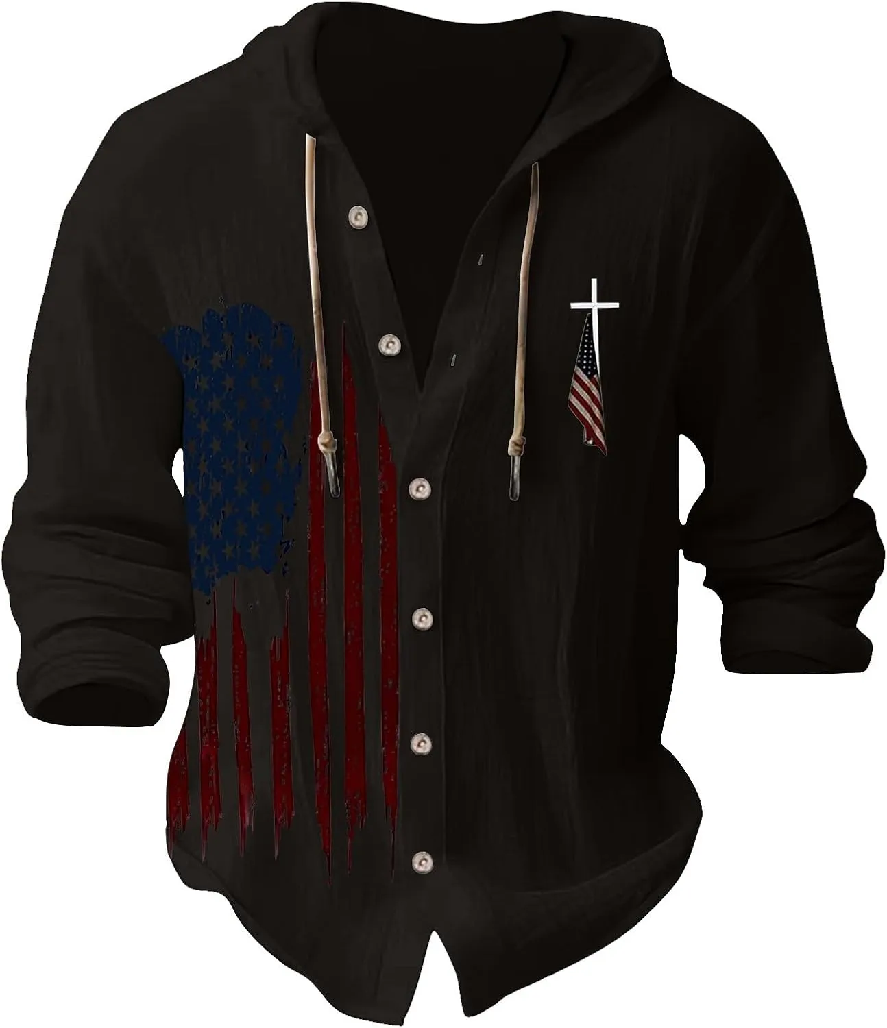 Mens Long Sleeve Shirts Independence Day Drawstring Linen Hooded Sweatshirt Casual Button Down Cotton Tops with Hood