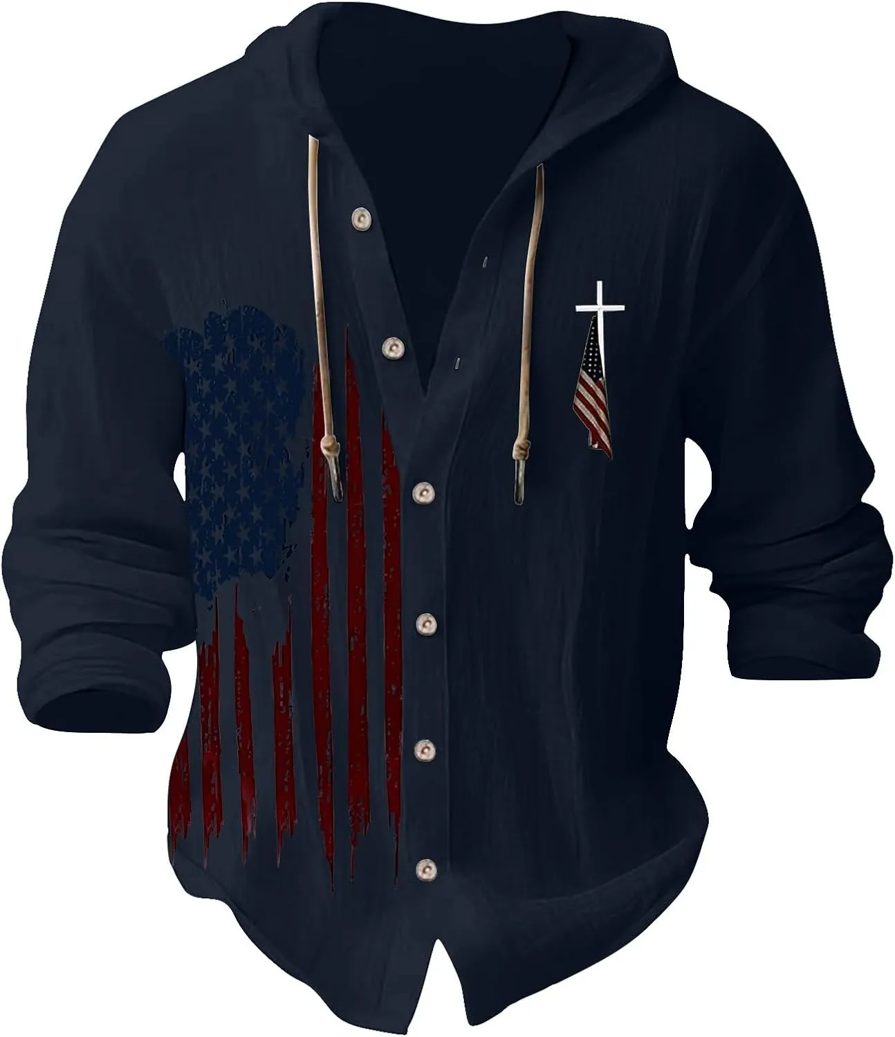 Mens Long Sleeve Shirts Independence Day Drawstring Linen Hooded Sweatshirt Casual Button Down Cotton Tops with Hood