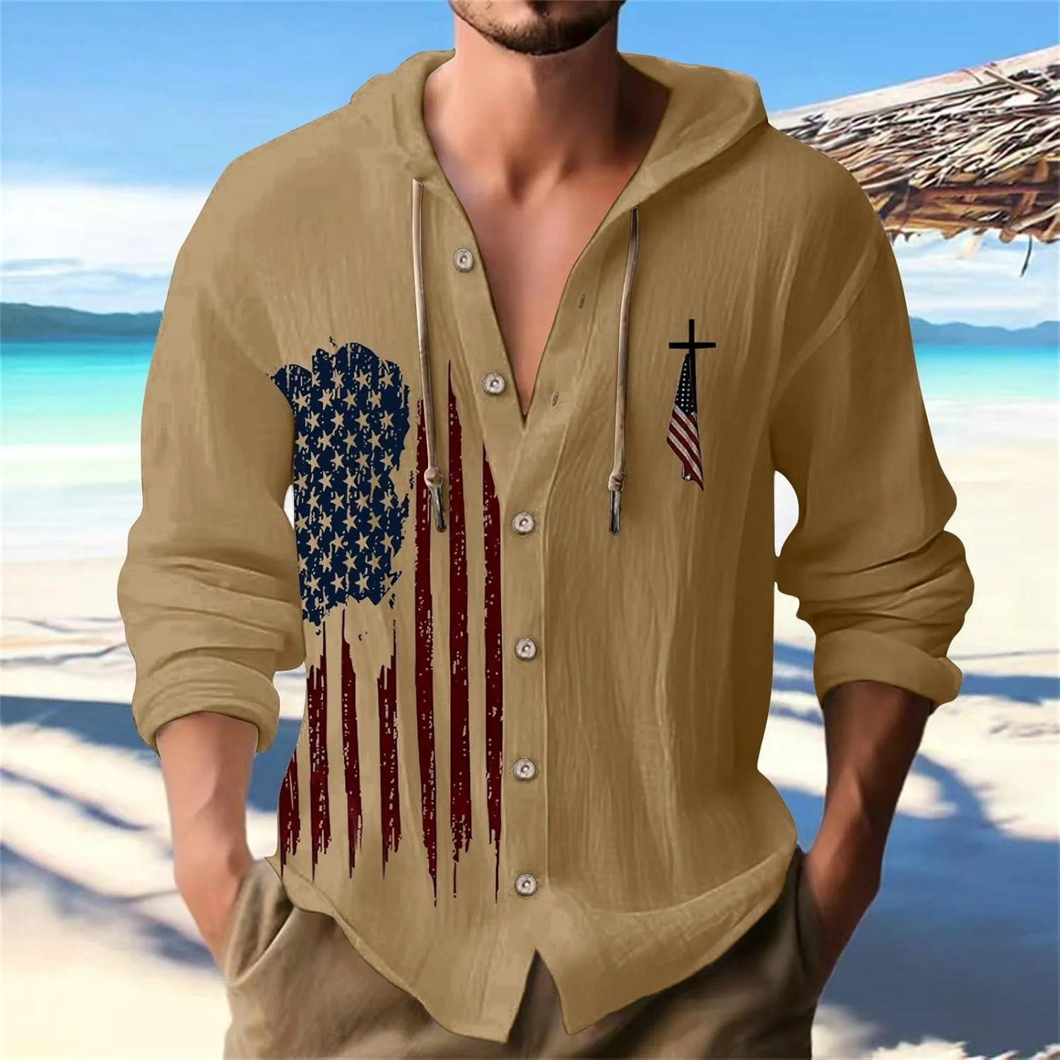 Mens Long Sleeve Shirts Independence Day Drawstring Linen Hooded Sweatshirt Casual Button Down Cotton Tops with Hood