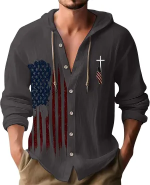 Mens Long Sleeve Shirts Independence Day Drawstring Linen Hooded Sweatshirt Casual Button Down Cotton Tops with Hood
