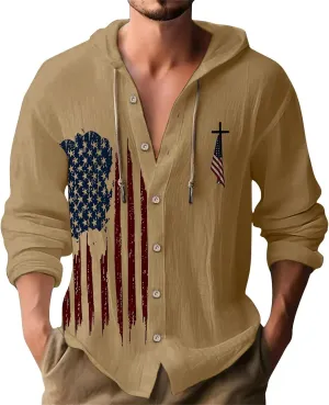 Mens Long Sleeve Shirts Independence Day Drawstring Linen Hooded Sweatshirt Casual Button Down Cotton Tops with Hood