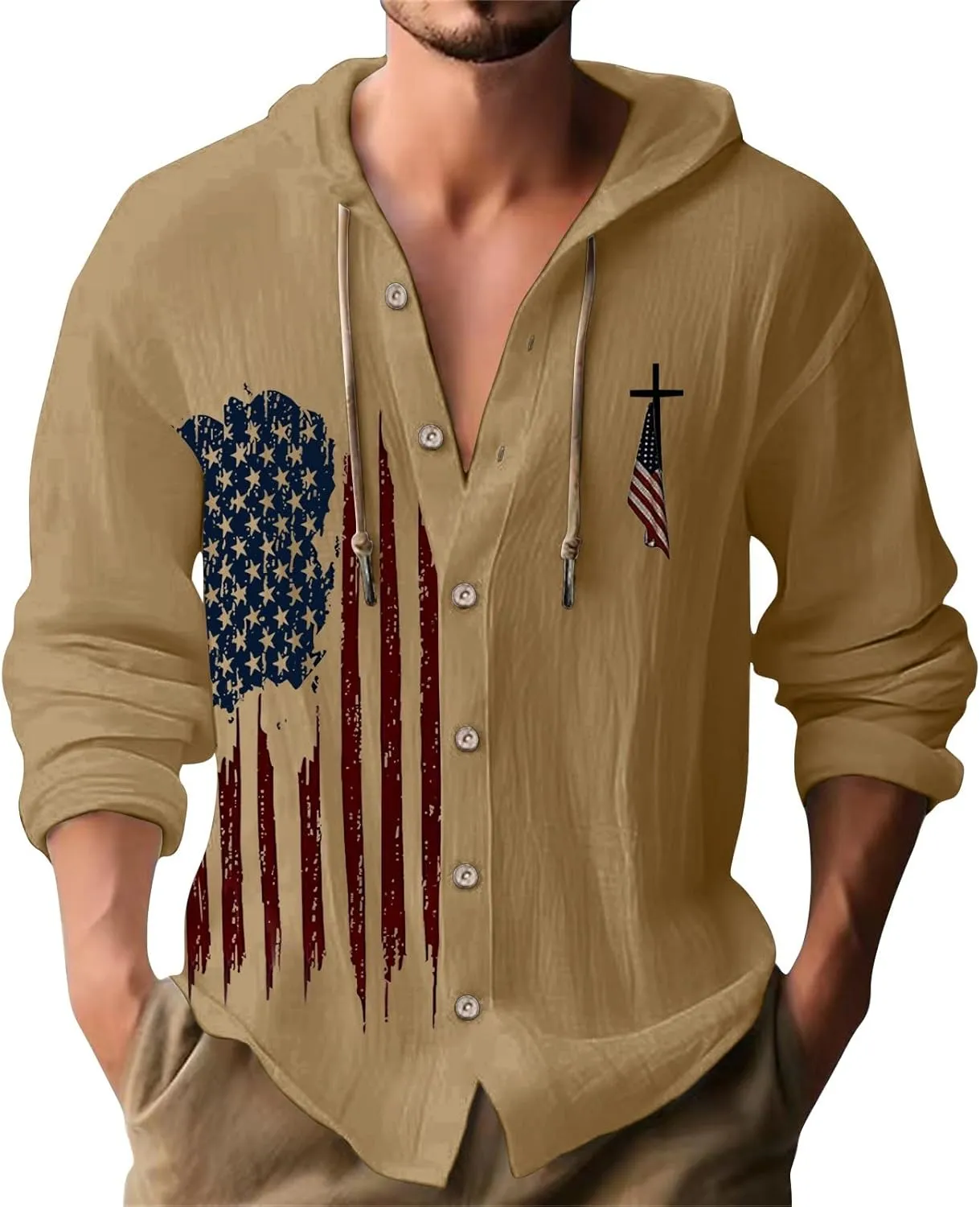 Mens Long Sleeve Shirts Independence Day Drawstring Linen Hooded Sweatshirt Casual Button Down Cotton Tops with Hood
